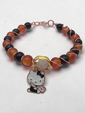 Hello Kitty Charm Beaded Bracelet with Carnelian & Black Beads Cute Handmade